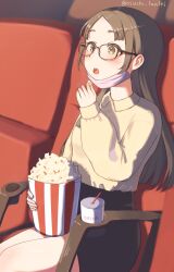  1girl black_hair black_shirt brown_eyes commentary_request feet_out_of_frame food gakuen_idolmaster glasses highres idolmaster indoors kuramoto_china long_hair mask mouth_mask movie_theater open_mouth osushi_tantei popcorn shirt sitting soda solo twitter_username 