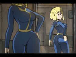 artist_name ass bedroom blepp9o blonde_hair bob_cut collar commentary elastigirl electric_panel english_commentary fallout fallout_4 frown highres looking_at_mirror mirror solo the_incredibles vault_girl vault_suit 