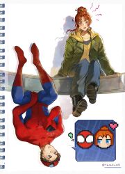  1boy 1girl absurdres black_shirt blue_eyes bodysuit boots brown_eyes brown_hair denim green_jacket hair_bun highres holding holding_phone hood hoodie jacket jean_grey marvel mask mask_on_head muscular muscular_male orange_hair peter_parker phone pixel_art shadow shirt sitting spider-man spider-man:_brand_new_day spider-man_(series) thekhoms1 twitter_username upside-down yellow_hoodie 