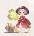  1girl barefoot blush bowl brown_eyes clover dress four-leaf_clover grey_background japanese_clothes kimono lavender_hair long_sleeves looking_at_viewer minigirl obi object_on_head red_dress ribbon rock sash short_hair simple_background smile solo sukuna_shinmyoumaru touhou wide_sleeves yamamomo_(plank) 