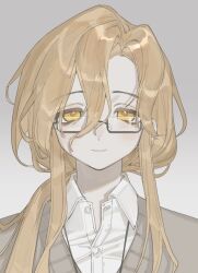  1boy black-framed_eyewear blonde_hair closed_mouth collared_shirt curtained_hair degrees_of_lewdity dot_nose double-parted_bangs grey_background grey_sweater hair_between_eyes highres long_hair_between_eyes long_sidelocks looking_at_viewer low_ponytail male_focus mumukyabi parted_hair ponytail portrait rectangular_eyewear second-party_source shirt sidelocks simple_background smile solo straight-on sweater sydney_(degrees_of_lewdity) sydney_(male)_(degrees_of_lewdity) white_shirt yellow_eyes 