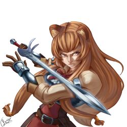 1girl animal_ear_fluff animal_ears armor belt black_dress breastplate brown_armor brown_belt brown_hair closed_mouth commentary dress elbow_gloves english_commentary floating_hair frown g0han1935 gauntlets gloves grey_armor hair_tubes hands_up highres holding holding_sword holding_weapon layered_dress leather leather_armor leather_gloves long_hair looking_at_viewer metal_hair_tubes mother_and_child neck_ribbon parent_and_child pink_eyes raccoon_ears raccoon_girl raphtalia red_dress red_ribbon ribbon signature simple_background solo straight_hair sword tate_no_yuusha_no_nariagari two-tone_armor two-tone_dress upper_body v-shaped_eyebrows watermark weapon white_background white_dress 