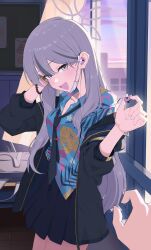  1girl 1other absurdres armband bag blue_archive blue_shirt blue_skirt breasts classroom commentary_request cowboy_shot earphones floral_print floral_print_shirt from_side grey_eyes grey_hair grey_halo grey_jacket grey_necktie halo hawaiian_shirt highres hitempo holding holding_earphones indoors jacket konoka_(blue_archive) long_hair looking_at_viewer looking_to_the_side loose_necktie mask medium_breasts miniskirt mouth_mask necktie open_collar open_mouth pleated_skirt pov pov_hands print_shirt purple_armband purple_sky school_bag shirt single_earphone_removed skirt sky sleeves_rolled_up smile solo_focus sunset surgical_mask white_mask window 