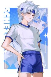  1boy absurdres blue_eyes blue_headband blue_shorts border character_name chromatic_aberration commentary copyright_name cowboy_shot dolphin_shorts gym_shirt gym_uniform hakunetsu!_puyolympic! hand_on_own_hip headband highres looking_at_viewer male_focus outside_border parted_lips puyopuyo schezo_wegey shirt shirt_tucked_in short_shorts shorts soinjan solo sparkle standing sweatdrop twitter_username white_border white_hair white_shirt wince zoom_layer 