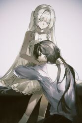  1boy 1girl 9292cmm absurdres bare_arms bare_shoulders black_hair colored_eyelashes commission cross cross_necklace degrees_of_lewdity dot_nose dress feet_out_of_frame frilled_dress frills hair_intakes hair_ribbon hairband hand_on_another's_shoulder head_on_another's_stomach highres jewelry knees_together_feet_apart lace-trimmed_dress lace_trim light_frown long_hair looking_at_viewer looking_to_the_side medium_dress necklace original parted_lips player_character_(degrees_of_lewdity) player_character_(female)_(degrees_of_lewdity) profile ribbon scarf second-party_source shirt sideways_mouth simple_background sitting socks spaghetti_strap sydney_(degrees_of_lewdity) sydney_(male)_(degrees_of_lewdity) two_side_up very_long_hair white_background white_dress white_eyelashes white_hair white_ribbon white_scarf white_shirt white_socks yellow_eyes 
