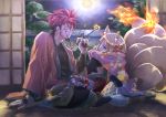 1boy 1girl animal_ears beard eye_contact facial_hair fire fishnets fox_ears fox_tail goemon_(p&amp;d) grin japanese_clothes kimono looking_at_another madocca mitsuki_(p&amp;d) moon multiple_tails night pipe puzzle_&amp;_dragons redhead sitting smile tail 
