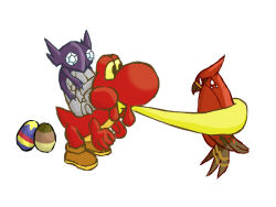 boots commentary_request company_connection egg magcargo nintendo o_o parody pokemon pokemon_(creature) pokemon_egg riding riding_animal sableye scared simple_background slothman super_mario_bros. sweatdrop tail talonflame tongue tongue_out white_background yoshi 