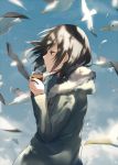  1girl achiki bird black_hair brown_eyes can canned_coffee clouds coat holding light original profile seagull short_hair sky solo wind 