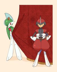  2others arm_blade arms_behind_back behind_another bisharp brown_background closed_eyes colored_skin crown curtain_grab curtains drop_shadow facing_viewer finger_to_own_chin gallade gold_crown green_hair green_skin grey_skin hand_on_own_chin helmet highres indoors looking_at_another mohawk multicolored_skin multiple_others peeking peeking_out pokemon pokemon_(creature) pokemon_focus red_eyes red_trim ringringbell2001 scabbard sheath sheathed shoulder_pads smile standing_at_attention thick_thighs thighs two-tone_skin weapon white_skin wide_hips 