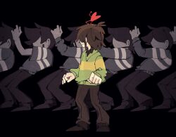  2525nicc 6+others black_background black_shirt brown_hair brown_pants brown_shoes cardigan collared_shirt commentary deltarune double_horizontal_stripe green_sweater grey_cardigan grey_shirt grey_sweater hair_over_eyes heart highres jojo_pose kris_(deltarune) kujo_jotaro's_pose looking_back multiple_others pants pixel_heart red_soul_(utdr) shirt shoes short_hair single_horizontal_stripe soul_(character)_(deltarune) soul_(utdr) striped_clothes striped_shirt striped_sweater sweater untranslatable_commentary utdr_(toby_fox) vessel_(deltarune) 