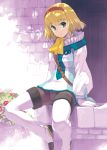  1girl arm_support blonde_hair brick_wall gloves green_eyes hairband inu777 looking_at_viewer natalia_luzu_kimlasca_lanvaldear panties pantyhose parted_lips short_hair sitting solo tales_of_(series) tales_of_the_abyss thigh-highs underwear 