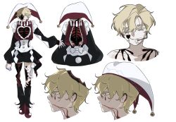  1boy alien_stage blonde_hair colored_extremities colored_eyelashes commentary design_speculation english_commentary facial_mark fancylxncy hat hat_bell headset highres jester_cap long_sleeves luka_(alien_stage) luka_(zombie_stage) microphone neck_ruff puffy_long_sleeves puffy_sleeves red_shoes reference_sheet ribs shoes short_hair simple_background teardrop_facial_mark very_short_hair white_background yellow_eyes zombie_stage 
