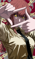  1girl absurdres black_necktie blood blood_splatter braid braided_ponytail breasts chain chainsaw_man closed_mouth collared_shirt commentary_request finger_frame fingernails formal_clothes grey_background hair_between_eyes hands_up highres long_hair long_sleeves looking_at_viewer makima_(chainsaw_man) necktie red_hair ringed_eyes shirt sidelocks smile solo splatter splatter_background upper_body venom001112222 white_shirt yellow_eyes 
