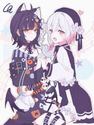  2girls absurdres ahoge animal_ear_fluff animal_ears arm_belt artist_request asymmetrical_sleeves bandaid bandaid_on_leg bare_shoulders bat_wings belt belt_collar beret black_choker black_coat black_hair black_hat black_sweater cat_ears center_frills choker closed_mouth coat collar collared_coat commentary_request commission cross-laced_clothes cross-laced_dress eyeball_hair_ornament flower flower-trimmed_shorts flower-trimmed_sleeves frills gradient_hair hair_flower hair_ornament hat hat_flower hat_ribbon heart highres holding_hands interlocked_fingers kemonomimi_mode leg_belt long_sleeves mahou_shoujo_no_majo_saiban multicolored_hair multiple_girls nail_polish neck_ribbon o-ring o-ring_thigh_strap off-shoulder_sweater off_shoulder open_mouth orange_eyes orange_nails orange_streaks pants pink_eyes pink_hair ribbon sakuraba_ema sawatari_coco second-party_source shirt short_hair shorts single_bare_shoulder skirt skirt_under_dress skull sleeveless sleeveless_coat sleeveless_shirt smile squiggle straddling streaked_hair striped_sleeves stuffed_animal stuffed_cat stuffed_toy sweater thigh_strap upright_straddle white_flower white_hair white_pants white_ribbon white_shirt white_shorts white_skirt white_sleeves wings yuri 