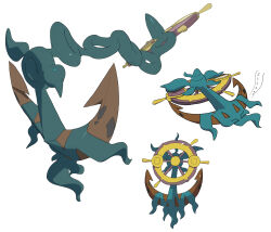  absurdres anchor commentary_request dhelmise highres kochi8i no_humans pokemon pokemon_(creature) pokemon_focus rust seaweed ship's_wheel simple_background sleeping white_background zzz 