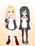  &gt;:) &gt;:/ 2girls alternate_costume antenna_hair asashio_(kantai_collection) black_hair blonde_hair blue_eyes blush bow c: detached_sleeves hair_bow hair_ornament hair_ribbon hairclip highres kantai_collection long_hair looking_at_viewer maid multiple_girls red_eyes ribbon scarf smile tun yuudachi_(kantai_collection) 