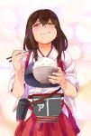  1girl akagi_(kantai_collection) blush brown_eyes brown_hair chopsticks drooling food food_on_face gengoru hakama holding japanese_clothes kantai_collection long_hair muneate rice_bowl rice_on_face solo tasuki 