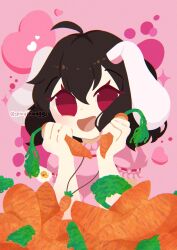  1girl absurdres ahoge animal_ears artist_name black_hair carrot carrot_necklace commentary dress english_commentary floppy_ears heart highres holding holding_carrot inaba_tewi jewelry necklace pink_background pink_dress rabbit_ears rabbit_girl red_eyes smile solo spicyfriedeggs touhou 