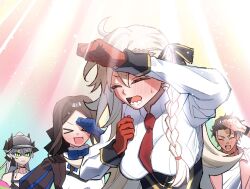  >_< 1boy 3girls ahoge aidama_0324 arm_up bartholomew_roberts_(fate) bartholomew_roberts_(smiley_summer_wear)_(fate) bikini black_bikini black_bow black_horns blue_bow blue_bowtie blue_gloves blush body_markings bow bowtie braid brown_hair clenched_hand closed_eyes collared_shirt commentary_request crossed_bangs dark-skinned_male dark_skin demon_girl demon_horns fate/grand_order fate_(series) gloves green_eyes grey_hair hair_between_eyes hair_bow hand_up highres horns leonardo_da_vinci_(fate) leonardo_da_vinci_(rider)_(fate) leonardo_da_vinci_(rider)_(first_ascension)_(fate) lilith_(fate) lilith_(swimsuit_rider)_(first_ascension)_(fate) long_hair long_sleeves looking_ahead lower_teeth_only multiple_girls necktie olga_marie_animusphere olga_marie_animusphere_(unbeast) open_clothes open_mouth open_shirt parted_lips pink_shirt red_gloves red_necktie shading_eyes sharp_teeth shirt side_braid smile sweatdrop swimsuit teeth varied_reactions white_hair white_shirt wristband 