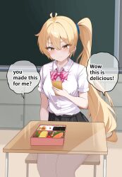  1girl absurdres akita_neru antenna_hair bento blush bow bowtie breasts buttons cellphone chair chalkboard classroom collared_shirt commission commissioner_upload desk eikawa_suru english_text hair_tie highres holding holding_phone long_hair looking_at_phone nervous_smile non-web_source paid_reward_available phone pink_bow pov shirt skeb_commission skirt smartphone smile speech_bubble tsurime v-shaped_eyebrows variant_set very_long_hair vocaloid white_shirt 