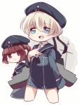  2girls blue_eyes brown_hair chikin_maru clothes_writing cropped_legs hand_on_own_chest hat kantai_collection long_sleeves multiple_girls neckerchief open_mouth sailor_collar sailor_hat short_hair silver_hair simple_background smile violet_eyes white_background z1_leberecht_maass_(kantai_collection) z3_max_schultz_(kantai_collection) 