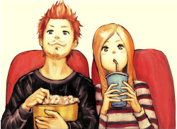  1boy 1girl :d beard_stubble black_shirt blonde_hair brown_eyes brown_hair bucket chair closed_mouth commentary_request cup disposable_cup drinking drinking_straw facial_hair food holding holding_bucket holding_cup long_hair long_sleeves on_chair original popcorn popcorn_bucket sabamiso_taro shirt short_hair smile striped_clothes striped_shirt stubble upper_body 