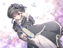  >:) 1girl 9-nine- black_bow black_capelet black_dress black_hairband black_umbrella blue_bow blurry blurry_background bow brooch bug butterfly capelet closed_mouth commentary_request dress dress_bow dutch_angle eyes_visible_through_hair feet_out_of_frame floral_print floral_print_dress frilled_capelet frilled_dress frilled_hairband frilled_sleeves frills fuyu_(winter90290612) glint gothic_lolita hair_between_eyes hair_bow hairband holding holding_umbrella jewelry lolita_fashion long_sleeves looking_at_viewer official_alternate_costume parasol print_dress red_eyes rose_print short_hair_with_long_locks smile smug solo standing umbrella v v-shaped_eyebrows v_over_eye white_butterfly wide_sleeves yuuki_noa 