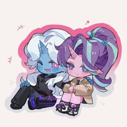  +++ 2girls :3 :d ;3 ;d animal_ears artist_request black_hoodie black_necktie black_pants black_shoes black_shorts blue_eyes blue_skin brown_jacket chibi chibi_only chinese_commentary closed_mouth collared_shirt colored_skin commentary commission full_body hair_over_shoulder hand_on_own_knee hood hoodie horse_ears hugging_own_legs humanization jacket knees_to_chest knees_up long_hair long_sleeves multiple_girls my_little_pony my_little_pony:_friendship_is_magic necktie one_eye_closed open_mouth pants pink_skin purple_hair shirt shoes shorts simple_background sitting smile starlight_glimmer trixie_lulamoon unicorn_horn violet_eyes white_background white_hair white_shirt wing_collar 