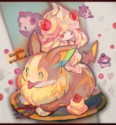  alcremie brown_fur commentary_request cotton_candy diamond-shaped_pupils diamond_(shape) dog fluffy food fork fruit green_eyes kantarou_(8kan) no_humans open_mouth pink_eyes pokemon pokemon_(creature) pokemon_focus red_eyes slurpuff strawberry swirlix symbol-shaped_pupils tail tongue tongue_out whipped_cream yamper yellow_fur 