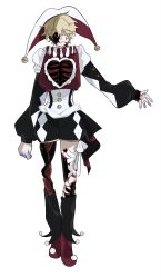  1boy alien_stage blonde_hair colored_extremities colored_eyelashes design_speculation facial_mark fancylxncy full_body hat hat_bell highres jester_cap long_sleeves luka_(alien_stage) luka_(zombie_stage) neck_ruff puffy_long_sleeves puffy_sleeves red_shoes ribs shoes short_hair simple_background tachi-e teardrop_facial_mark very_short_hair white_background yellow_eyes zombie_stage 