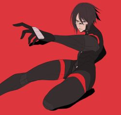  1girl black_hair blue_eyes commentary elster_(signalis) english_commentary highres parted_lips reaching red_background robot_girl short_hair signalis simple_background solo yurmay 