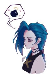  1girl alice_(redrumalice) anger_vein arcane:_league_of_legends arcane_jinx bare_shoulders blue_hair bomb braid closed_mouth commentary cropped_shoulders english_commentary explosive highres jinx_(league) league_of_legends lips long_hair signature simple_background solo speech_bubble spoken_anger_vein twin_braids violet_eyes white_background 