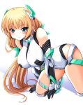  1girl all_fours angela_balzac aqua_eyes blonde_hair blush bodysuit breasts chouzetsu_yarou expelled_from_paradise hanging_breasts headgear looking_at_viewer mecha_musume smile 