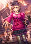  1girl animal_hat bag blonde_hair cat cat_hat cleavage_cutout collar furyou_michi_~gang_road~ handbag hat jewelry necklace pantyhose pink_eyes shadowgrave skirt solo spiked_collar spikes stairs standing too_many_cats 