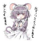  1girl animal_ear_fluff animal_ears aokukou blush clenched_hand drawing long_sleeves looking_at_viewer maid nazrin open_mouth red_eyes short_hair solo tail touhou translation_request white_background 