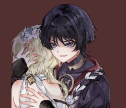  1boy 1girl absurdres armor bare_shoulders black_bodysuit black_hair black_kimono black_sleeves blonde_hair blunt_ends bodysuit bright_pupils commentary_request covered_collarbone detached_sleeves eyelashes eyeliner genshin_impact gold hair_intakes hand_in_another's_hair hand_on_another's_back hetero highres hug japanese_armor japanese_clothes jewelry juban kimono kote kurokote looking_at_viewer lumine_(genshin_impact) makeup mandarin_collar migigi mitsudomoe_(shape) neck_ring open_hands open_mouth possessive purple_rope red_background red_eyeliner red_kimono rope scaramouche_(genshin_impact) scaramouche_(harbinger)_(genshin_impact) scarf shaded_face shimenawa short_hair short_hair_with_long_locks shoulder_blush sidelocks thai_commentary tomoe_(symbol) tsurime violet_eyes white_kimono white_pupils white_rope white_scarf white_sleeves wispy_bangs wolf_cut 