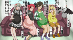  2boys 2girls :d ahoge anger_vein antenna_hair arm_at_side arm_support arrow_(symbol) bat_wings big_belly bisexual_male black_eyes black_hair black_shoes black_vest black_wings blonde_hair blue_eyes blush bow bowtie braid braided_ponytail brown_shoes brown_shorts checkered_bow checkered_bowtie checkered_clothes checkered_skirt chestnut_mouth commentary_request couch creature cthugha_(nyaruko-san) dominia drawstring dress everyone flying full_body gradient_background green_eyes grey_hair hair_bow hair_over_shoulder haiyore!_nyaruko-san hand_on_own_stomach hands_on_own_stomach hastur_(nyaruko-san) heart high_heels highres hippopotamus hood hood_down hoodie huge_ahoge indoors invisible_floor legs_together lineup long_hair long_sidelocks long_sleeves looking_at_another low-tied_long_hair low_ponytail male_pregnancy multiple_boys multiple_girls no_socks nyarlathotep_(nyaruko-san) on_couch open_mouth partially_translated pink_dress ponytail pregnant puffy_short_sleeves puffy_sleeves pumps purple_shoes red_eyes red_hair shantak_(nyaruko-san) shirt shoes short_hair short_sleeves shorts side-by-side sidelocks sitting skirt smile socks speech_bubble spoken_heart striped_clothes striped_shirt translation_request trap twintails undersized_animal variant_set vest white_socks window wings yasaka_mahiro yellow_bow yellow_hoodie zoophilia 