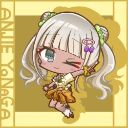  >_o 1girl :3 ;3 alternate_costume alternate_hairstyle bag bead_bracelet beads blue_bag blush blush_stickers border bow bracelet brown_shoes brown_skirt character_name chibi chibi_only closed_mouth clothes_around_waist collared_shirt commentary_request danganronpa_(series) danganronpa_v3:_killing_harmony dark-skinned_female dark_skin double_bun drop_shadow eyelashes full_body green_bow green_scrunchie grey_eyes grey_hair hair_bow hair_bun hair_ornament hair_scrunchie handbag holding holding_paintbrush jewelry long_hair loose_socks midriff misa_(usaginosakura) navel one_eye_closed paintbrush purple_bow scrunchie shirt shoes skirt smile socks solo tied_shirt twintails white_socks wrist_scrunchie yellow_background yellow_border yellow_scrunchie yellow_shirt yonaga_angie 