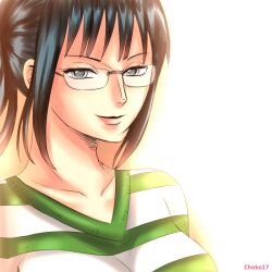  1girl artist_name black_hair choko17 closed_mouth commentary english_commentary glasses nico_robin one_piece one_piece:_strong_world ponytail sidelocks smile solo sweater 