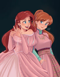  2girls absurdres anna_(frozen) ariel_(disney) blue_eyes color_connection commentary crossover dress earrings english_commentary frozen_(disney) hair_color_connection half_updo high_collar highres jewelry juliet_sleeves long_hair long_sleeves multiple_girls ohmagaby pink_dress ponytail puffy_sleeves red_hair red_lips signature smile the_little_mermaid_(disney) 