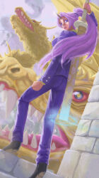 1girl commentary_request dragon highres holding holding_sword holding_weapon horns jacket long_hair maelia_juvi open_mouth ponytail purple_hair purple_jacket shion_(tensura) solo sword tensei_shitara_slime_datta_ken violet_eyes weapon 