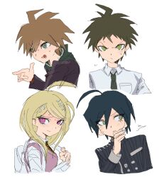  1girl 3boys ahoge akamatsu_kaede bag black_jacket blonde_hair blue_hair breast_pocket brown_hair buttons collared_shirt danganronpa:_trigger_happy_havoc danganronpa_(series) danganronpa_2:_goodbye_despair danganronpa_v3:_killing_harmony double-breasted green_eyes green_hoodie green_necktie grey_eyes hair_ornament hand_on_own_chin highres hinata_hajime hood hood_down hoodie in-franchise_crossover jacket mat163047 medium_hair multiple_boys musical_note musical_note_hair_ornament naegi_makoto necktie open_clothes open_jacket orange_necktie pink_eyes pink_sweater_vest pink_vest pocket saihara_shuichi shirt short_hair striped_clothes striped_jacket sweater_vest trait_connection vest white_bag 