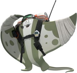  1boy arm_wrap backpack bag bandages big_man_(splatoon) big_man_(splatoon_raiders) full_body goggles goggles_on_head highres looking_ahead manta_ray official_art open_mouth radio_antenna shading_eyes splatoon_(series) splatoon_raiders standing standing_on_one_leg tail transparent_background walkie-talkie 