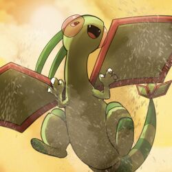  absurdres claws desert dragon fangs flygon flying green_wings highres no_humans open_mouth outdoors pokemon pokemon_(creature) pokemon_focus red_eyes sand sky spicyichizo tail wings 