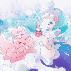  2girls aino_sushi blue_hair blue_tail blush box colored_skin commentary_request eyelashes frillish frillish_(female) furry furry_female gem hair_ornament highres holding long_hair mixed-language_commentary multiple_girls pearl pink_skin pokemon pokemon_(creature) primarina ribbon smile starfish_hair_ornament white_fur 