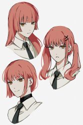  1girl alternate_hair_length_(shorter) alternate_hairstyle black_necktie blunt_bangs chainsaw_man closed_mouth collared_shirt commentary eyelashes hair_ornament highres long_hair makima_(chainsaw_man) multiple_views necktie red_hair ringed_eyes shirt short_hair simple_background single_sidelock smile solraka twintails white_background yellow_eyes 