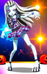 anime_screenshot black_lipstick black_tie blue_dress blue_eyes bolt bracelet claw_pose collared_shirt crowd emo_fashion fishnets frankenstein frankie_stein green_eyes hair_tied_back heels heterochromia jack-o'-lantern monster_girl monster_high non-web_source painted_nails plaid plaid_dress polka_dot polka_dot_tie puffy_short_sleeves screencap short_skirt skull_earrings stage stiches striped_hair striped_shoes studded_belt