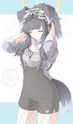  1girl absurdres adjusting_hair animal_ears black_overalls blue_archive blush closed_eyes collar commentary dog_ears dog_girl dog_tags dog_tail fishnet_pantyhose fishnets goggles goggles_on_head grey_shirt hair_bobbles hair_ornament halo hariyaa hibiki_(blue_archive) highres long_hair millennium_science_school_logo overalls pantyhose purple_collar shirt sidelocks sleeves_rolled_up solo speech_bubble spoken_sweatdrop striped_clothes striped_shirt sweatdrop tail untranslatable_commentary yellow_halo 