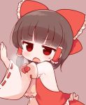  1girl bare_shoulders bow brown_background brown_hair detached_sleeves hair_bow hair_tubes hakurei_reimu jitome marshmallow_mille open_mouth red_eyes solo sweatdrop touhou 