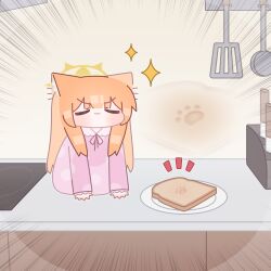  1girl :3 absurdres animal_ear_fluff animal_ears blue_archive blunt_bangs blush bread bread_slice chibi closed_eyes closed_mouth commentary doyagao emphasis_lines english_commentary food halo highres horuhara indoors knife long_hair long_sleeves mari_(blue_archive) neck_ribbon no_nose on_counter orange_hair pajamas paw_print pink_pajamas plate polka_dot polka_dot_pajamas ribbon sitting sleeves_past_wrists smol_mari_(blue_archive)_(horuhara) smug solo spatula toast very_long_hair yellow_halo zoom_layer 